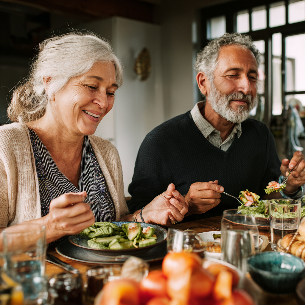 Middle-aged adults enjoying balanced nutritious meals together