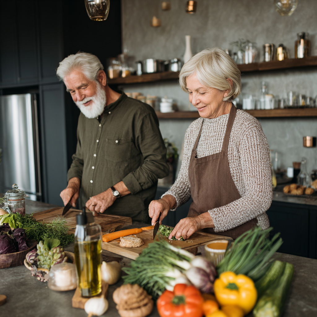 Older adults preparing fresh healthy meals in modern kitchen